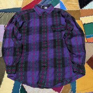 Vintage CHEZ T Southwestern Geometeic Plaid Purple Black Long Sleeve Button Up L